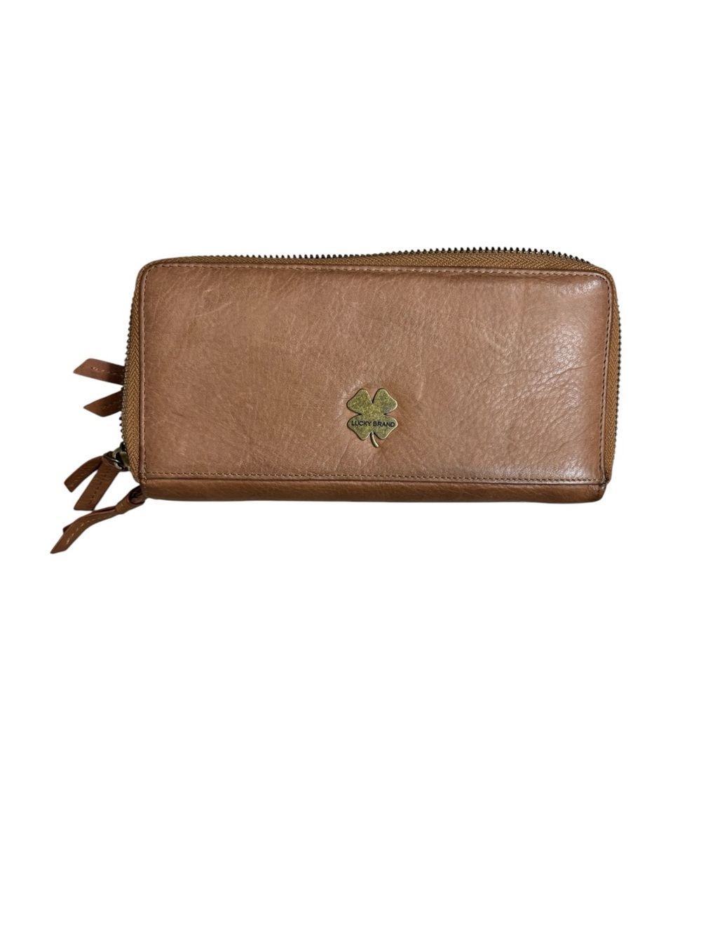 Lucky Brand Tan Leather Zip Wallet with Clover Emblem
